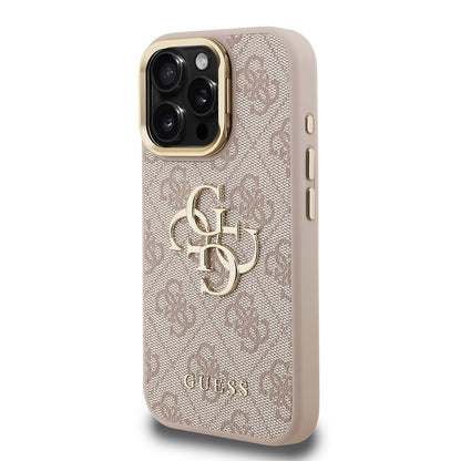 iPhone 16 Pro Kılıf Guess Orjinal Lisanslı PU Deri 4G Desenli Metal Büyük 4G ve Yazı Logolu Kamera Standlı Kapak