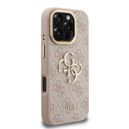 iPhone 16 Pro Kılıf Guess Orjinal Lisanslı PU Deri 4G Desenli Metal Büyük 4G ve Yazı Logolu Kamera Standlı Kapak