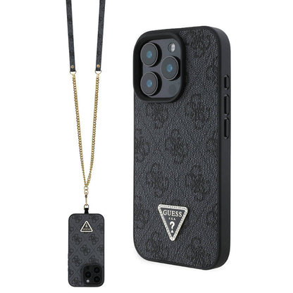 iPhone 16 Pro Kılıf Guess Orjinal Lisanslı PU Deri Taşlı Metal Üçgen Logolu Çapraz Vücut Askılı 4G Desenli Kapak