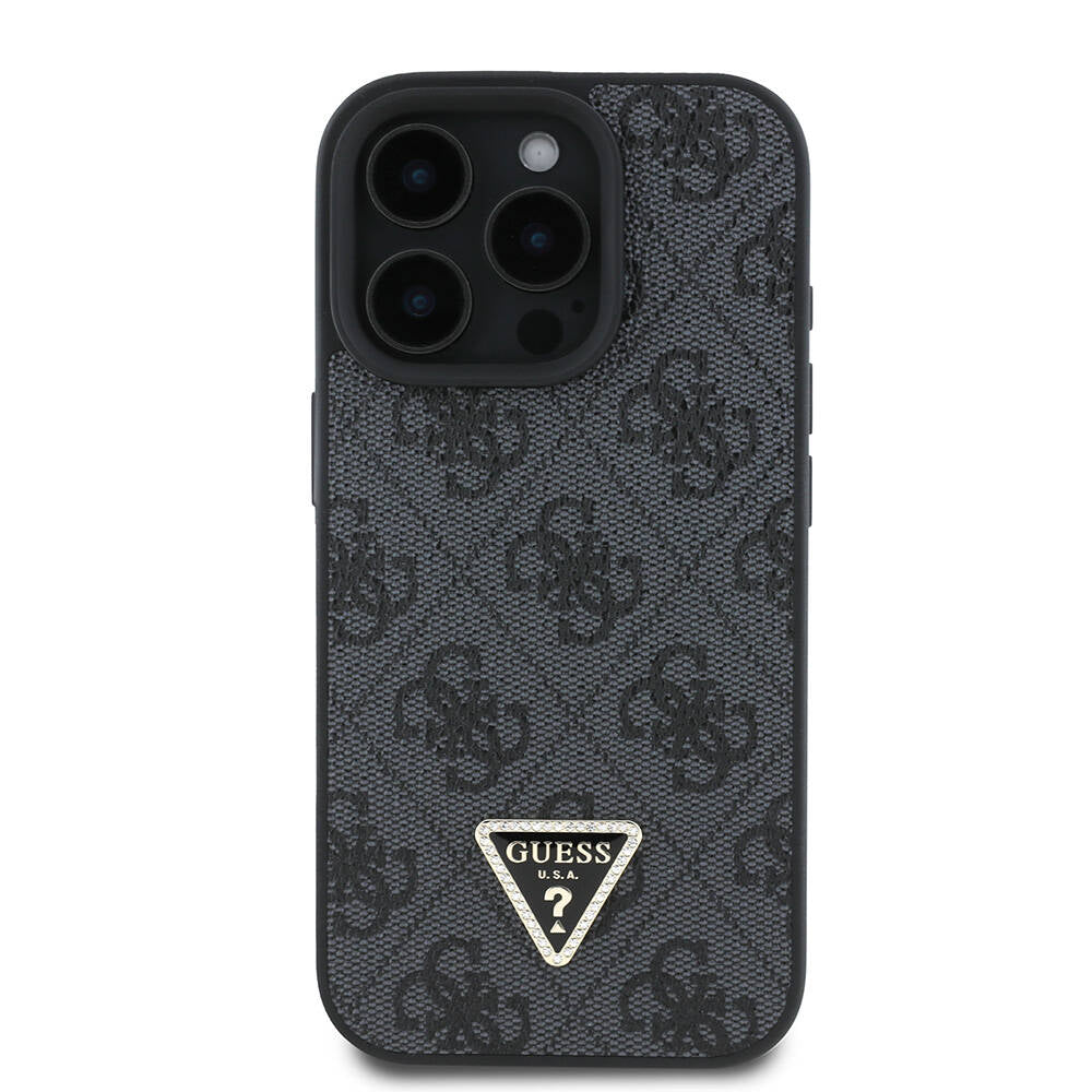 iPhone 16 Pro Kılıf Guess Orjinal Lisanslı PU Deri Taşlı Metal Üçgen Logolu Çapraz Vücut Askılı 4G Desenli Kapak