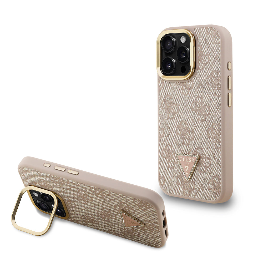iPhone 16 Pro Kılıf Guess Orjinal Lisanslı PU Deri Taşlı Üçgen Logo 4G Desenli Kamera Standlı Kapak