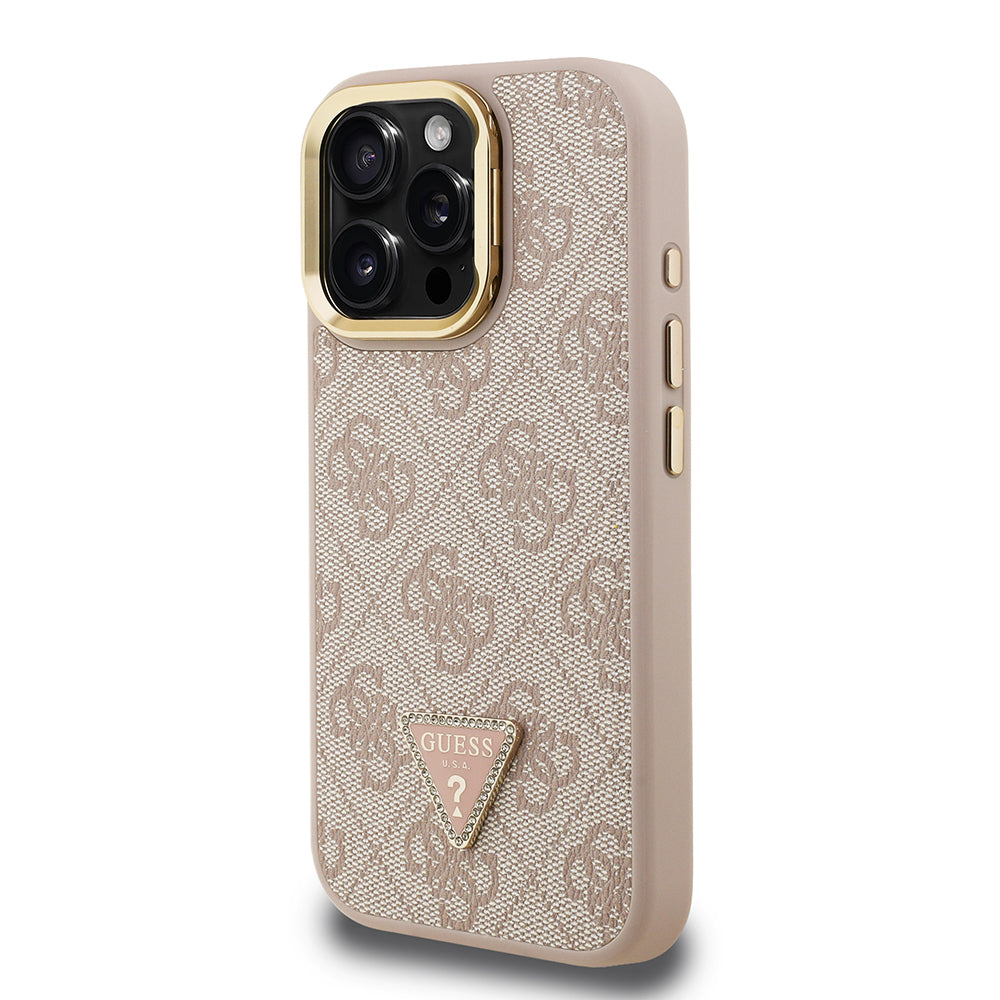 iPhone 16 Pro Kılıf Guess Orjinal Lisanslı PU Deri Taşlı Üçgen Logo 4G Desenli Kamera Standlı Kapak