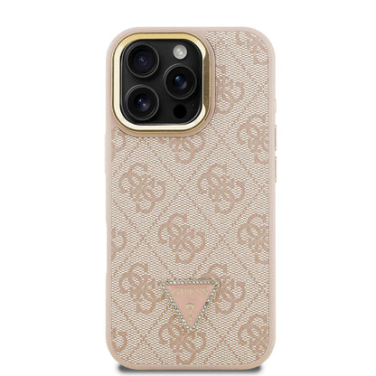iPhone 16 Pro Kılıf Guess Orjinal Lisanslı PU Deri Taşlı Üçgen Logo 4G Desenli Kamera Standlı Kapak