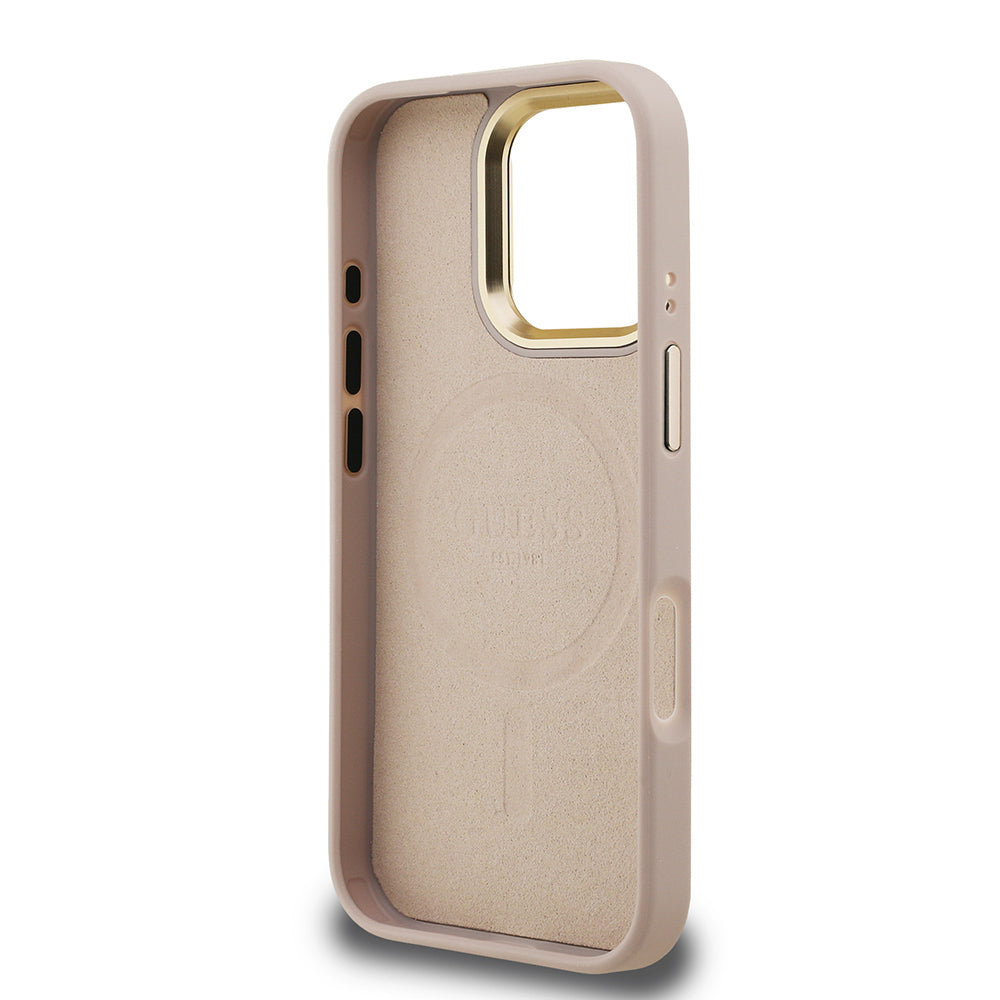 iPhone 16 Pro Kılıf Guess Orjinal Lisanslı PU Deri Taşlı Üçgen Logo 4G Desenli Kamera Standlı Kapak