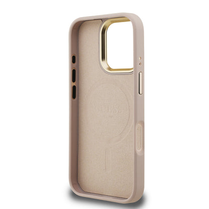 iPhone 16 Pro Kılıf Guess Orjinal Lisanslı PU Deri Taşlı Üçgen Logo 4G Desenli Kamera Standlı Kapak