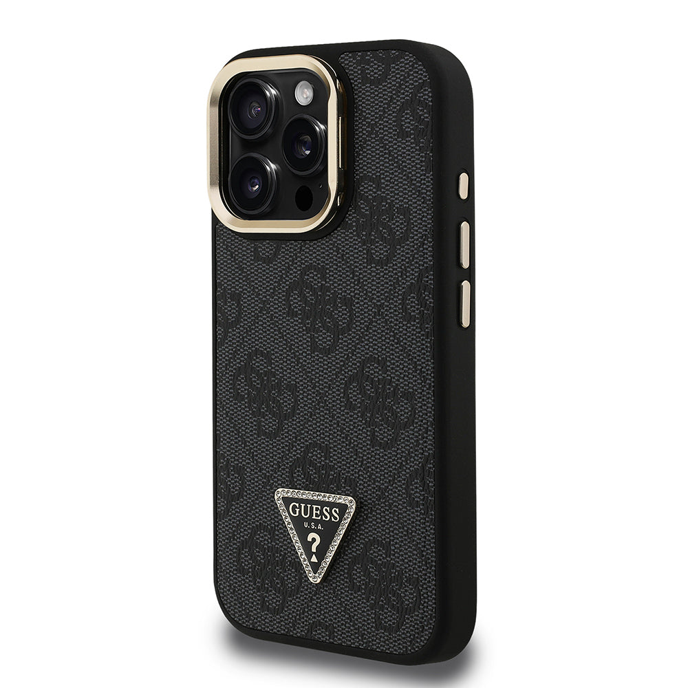 iPhone 16 Pro Kılıf Guess Orjinal Lisanslı PU Deri Taşlı Üçgen Logo 4G Desenli Kamera Standlı Kapak