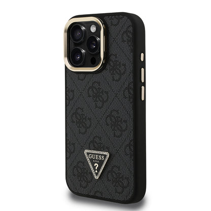 iPhone 16 Pro Kılıf Guess Orjinal Lisanslı PU Deri Taşlı Üçgen Logo 4G Desenli Kamera Standlı Kapak