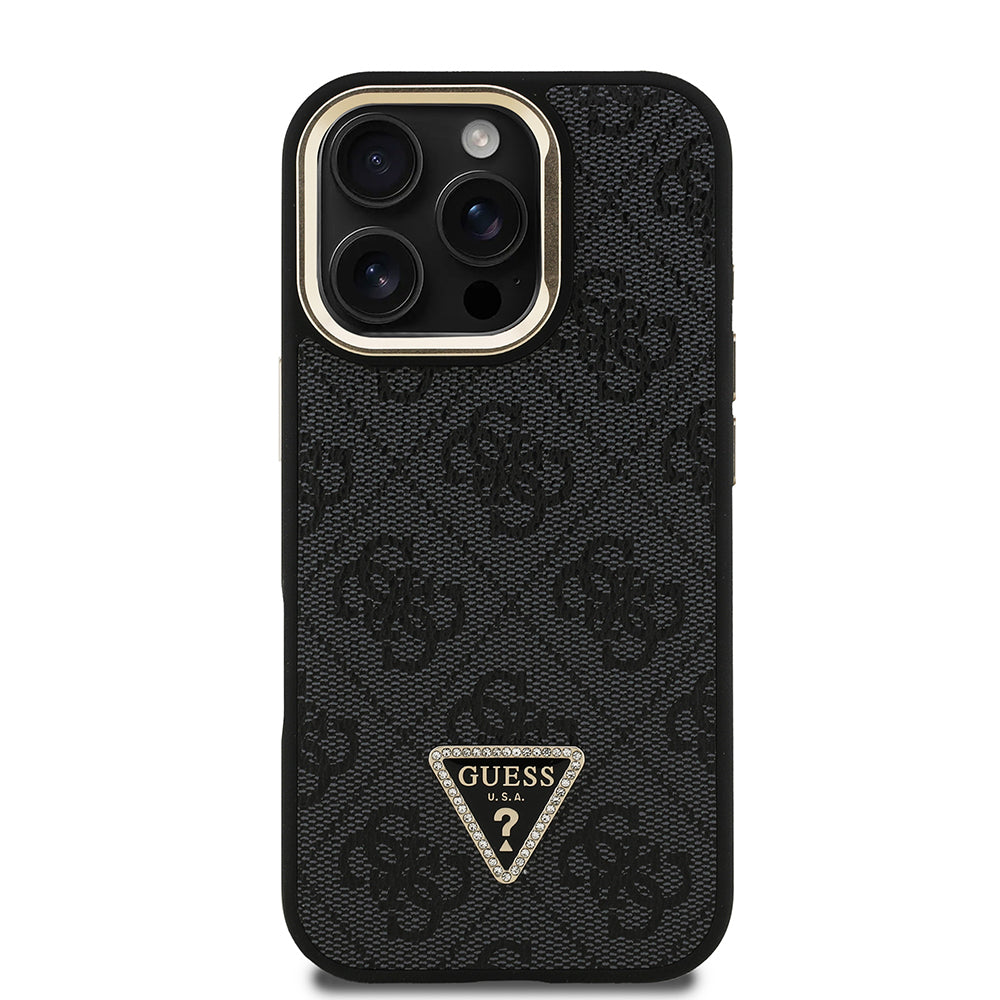 iPhone 16 Pro Kılıf Guess Orjinal Lisanslı PU Deri Taşlı Üçgen Logo 4G Desenli Kamera Standlı Kapak