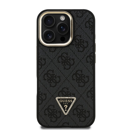 iPhone 16 Pro Kılıf Guess Orjinal Lisanslı PU Deri Taşlı Üçgen Logo 4G Desenli Kamera Standlı Kapak