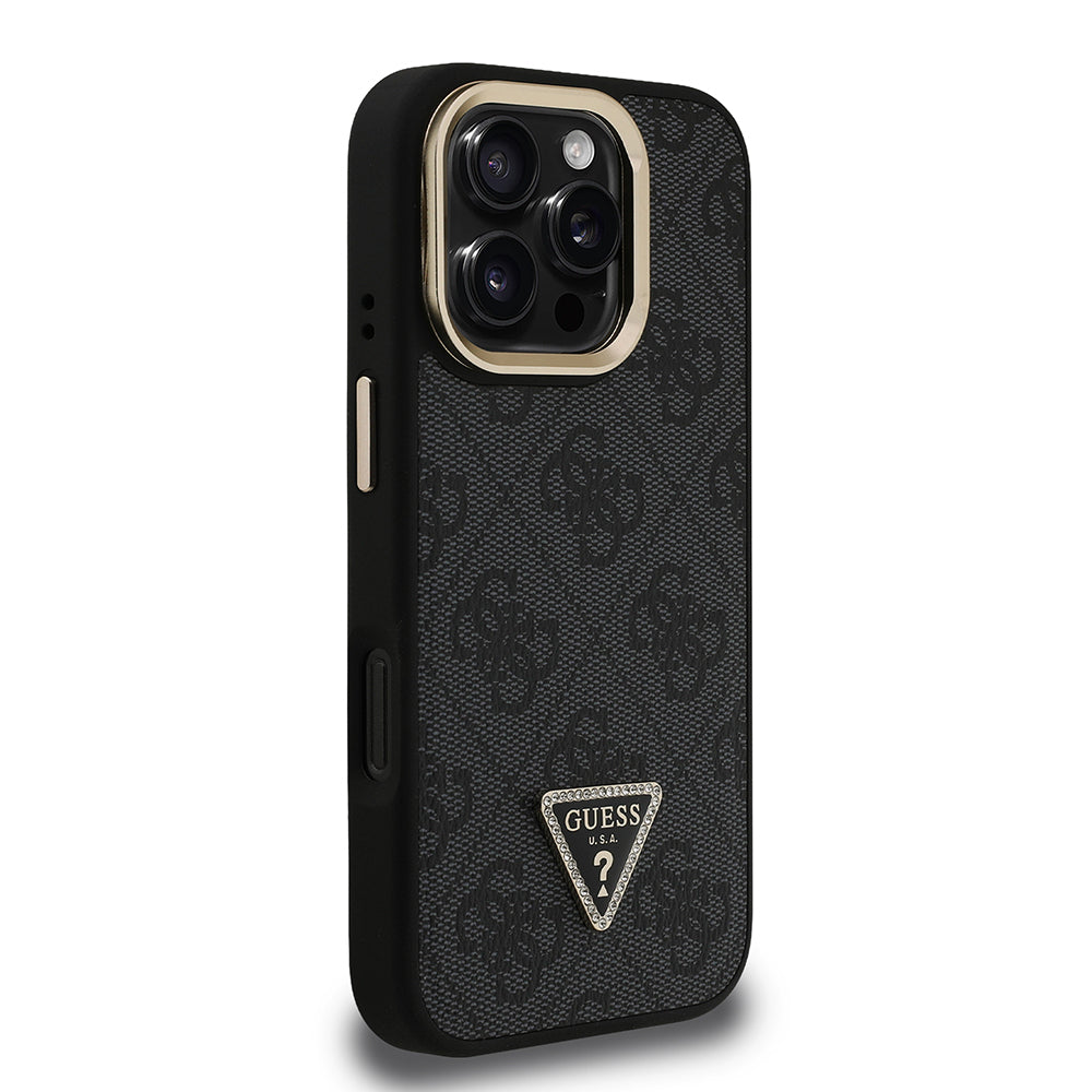 iPhone 16 Pro Kılıf Guess Orjinal Lisanslı PU Deri Taşlı Üçgen Logo 4G Desenli Kamera Standlı Kapak