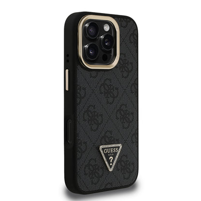 iPhone 16 Pro Kılıf Guess Orjinal Lisanslı PU Deri Taşlı Üçgen Logo 4G Desenli Kamera Standlı Kapak