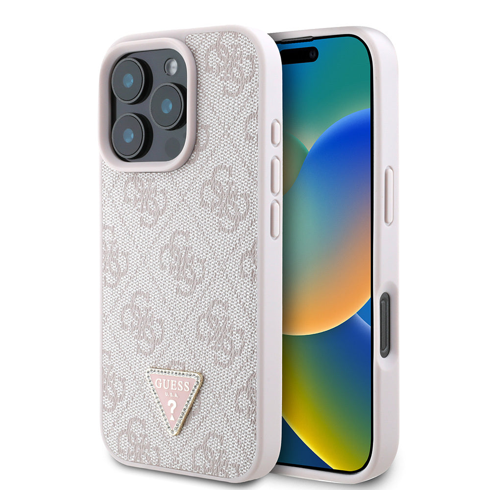 iPhone 16 Pro Kılıf Guess Orjinal Lisanslı PU Deri Taşlı Üçgen Logo 4G Desenli Strass Kapak