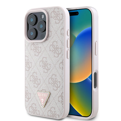iPhone 16 Pro Kılıf Guess Orjinal Lisanslı PU Deri Taşlı Üçgen Logo 4G Desenli Strass Kapak