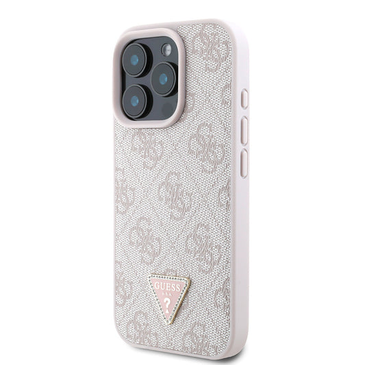 iPhone 16 Pro Kılıf Guess Orjinal Lisanslı PU Deri Taşlı Üçgen Logo 4G Desenli Strass Kapak