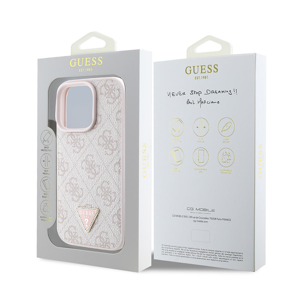 iPhone 16 Pro Kılıf Guess Orjinal Lisanslı PU Deri Taşlı Üçgen Logo 4G Desenli Strass Kapak