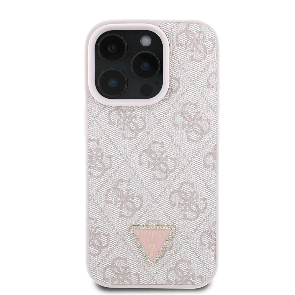 iPhone 16 Pro Kılıf Guess Orjinal Lisanslı PU Deri Taşlı Üçgen Logo 4G Desenli Strass Kapak