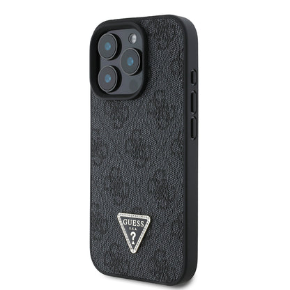 iPhone 16 Pro Kılıf Guess Orjinal Lisanslı PU Deri Taşlı Üçgen Logo 4G Desenli Strass Kapak
