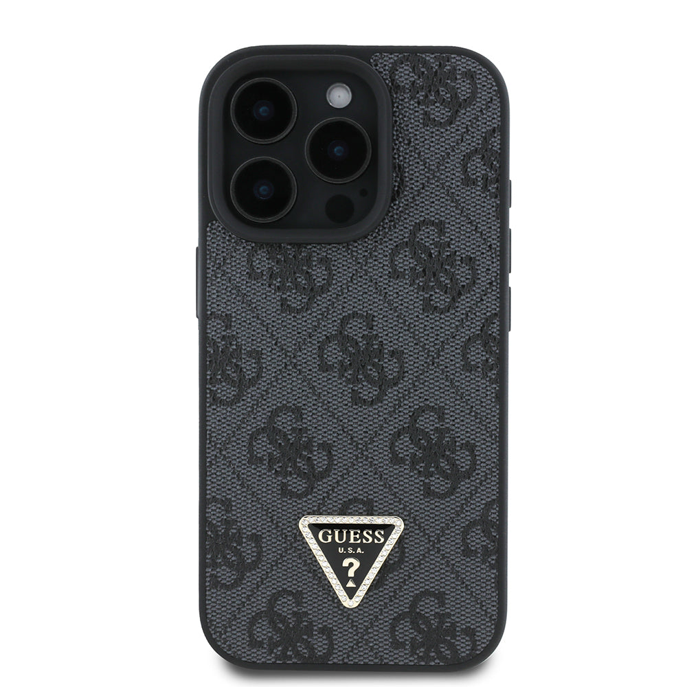 iPhone 16 Pro Kılıf Guess Orjinal Lisanslı PU Deri Taşlı Üçgen Logo 4G Desenli Strass Kapak