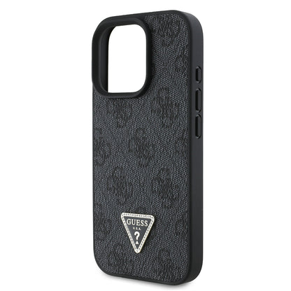 iPhone 16 Pro Kılıf Guess Orjinal Lisanslı PU Deri Taşlı Üçgen Logo 4G Desenli Strass Kapak