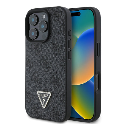 iPhone 16 Pro Kılıf Guess Orjinal Lisanslı PU Deri Taşlı Üçgen Logo 4G Desenli Strass Kapak