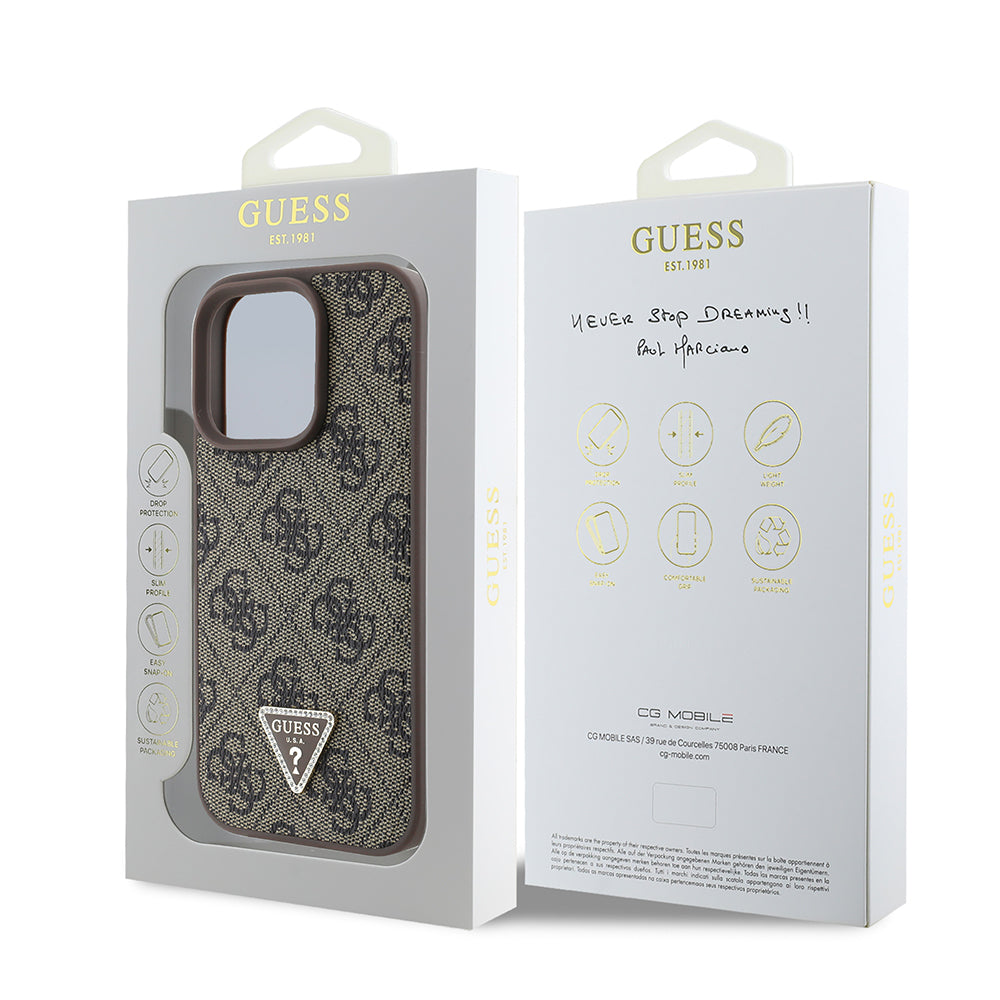 iPhone 16 Pro Kılıf Guess Orjinal Lisanslı PU Deri Taşlı Üçgen Logo 4G Desenli Strass Kapak