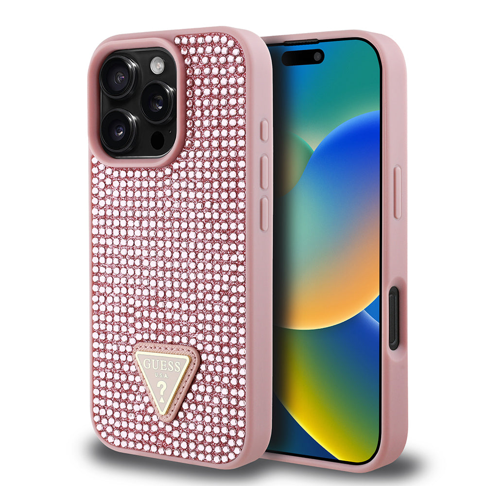 iPhone 16 Pro Kılıf Guess Orjinal Lisanslı Taşlı Arka Yüzey Üçgen Logolu Kapak