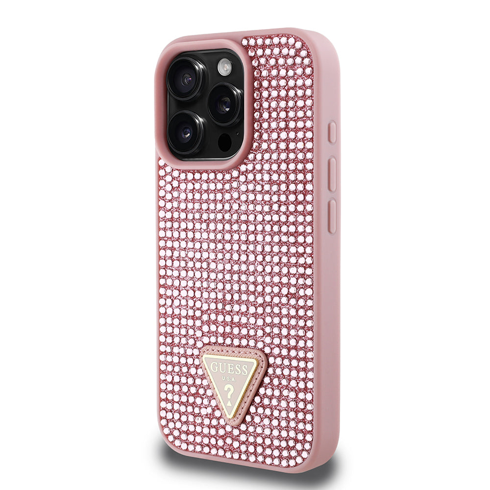 iPhone 16 Pro Kılıf Guess Orjinal Lisanslı Taşlı Arka Yüzey Üçgen Logolu Kapak