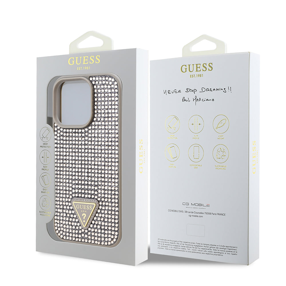 iPhone 16 Pro Kılıf Guess Orjinal Lisanslı Taşlı Arka Yüzey Üçgen Logolu Kapak