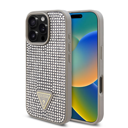 iPhone 16 Pro Kılıf Guess Orjinal Lisanslı Taşlı Arka Yüzey Üçgen Logolu Kapak