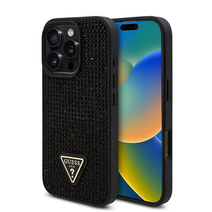 iPhone 16 Pro Kılıf Guess Orjinal Lisanslı Taşlı Arka Yüzey Üçgen Logolu Kapak
