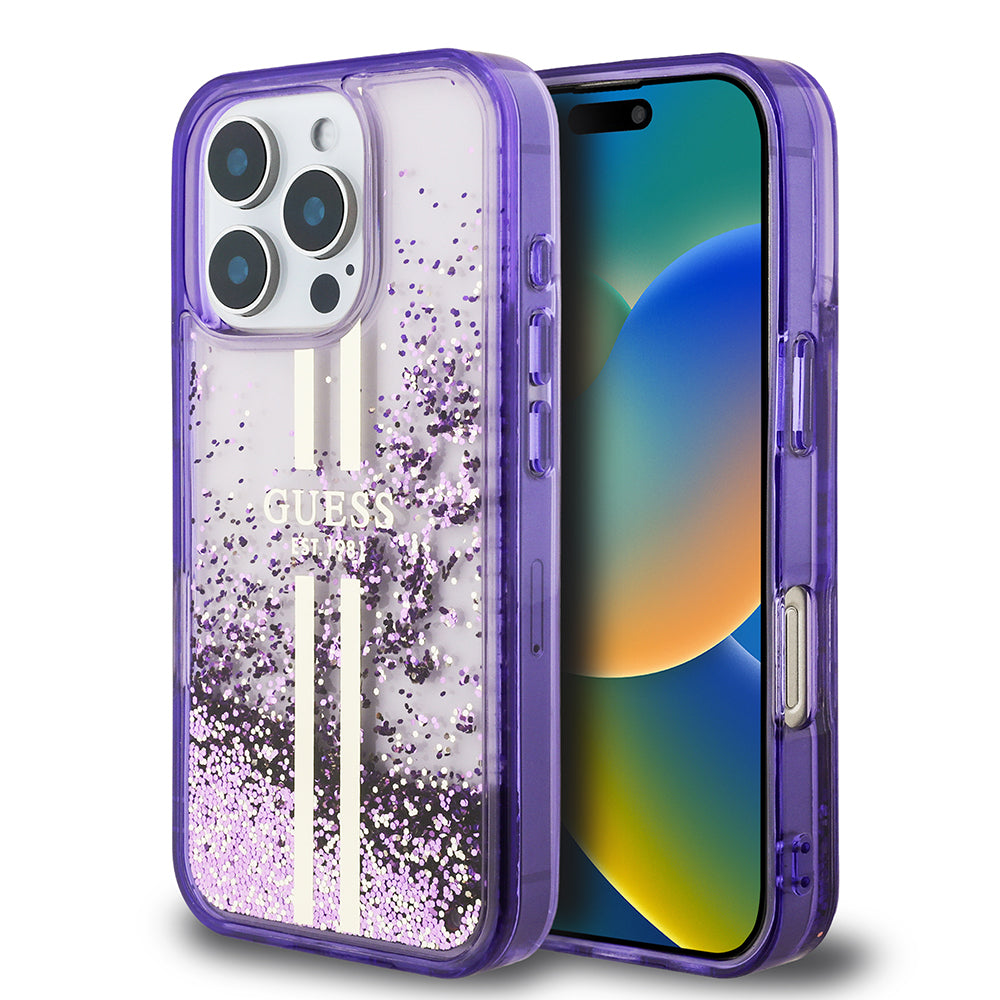 iPhone 16 Pro Kılıf Guess Orjinal Lisanslı Transparan Sıvılı Simli Altın Çizgili Kapak