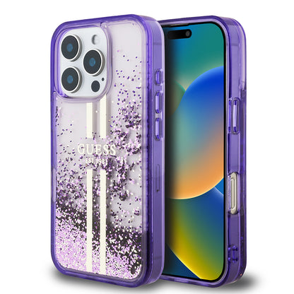 iPhone 16 Pro Kılıf Guess Orjinal Lisanslı Transparan Sıvılı Simli Altın Çizgili Kapak