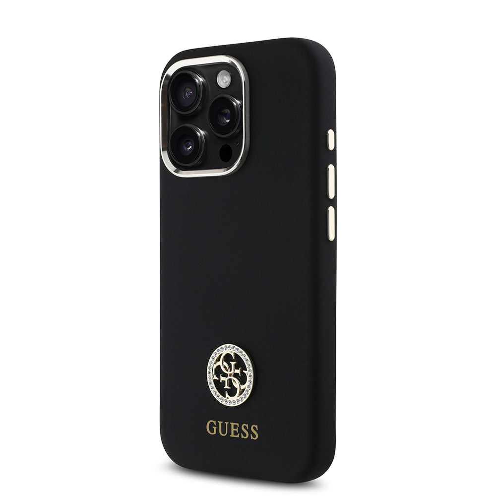 iPhone 16 Pro Kılıf Guess Orjinal Lisanslı Yazı ve Taşlı 4G Logolu Metal Kamera Çerçeveli Silikon Kapak
