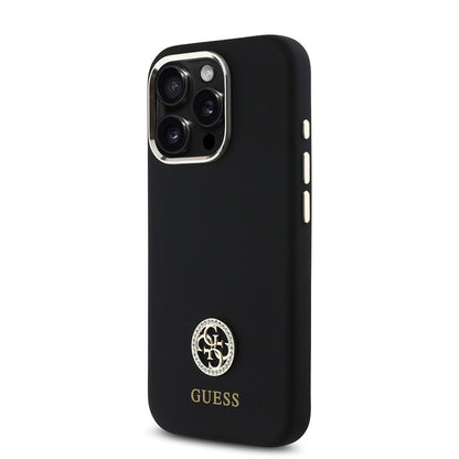 iPhone 16 Pro Kılıf Guess Orjinal Lisanslı Yazı ve Taşlı 4G Logolu Metal Kamera Çerçeveli Silikon Kapak