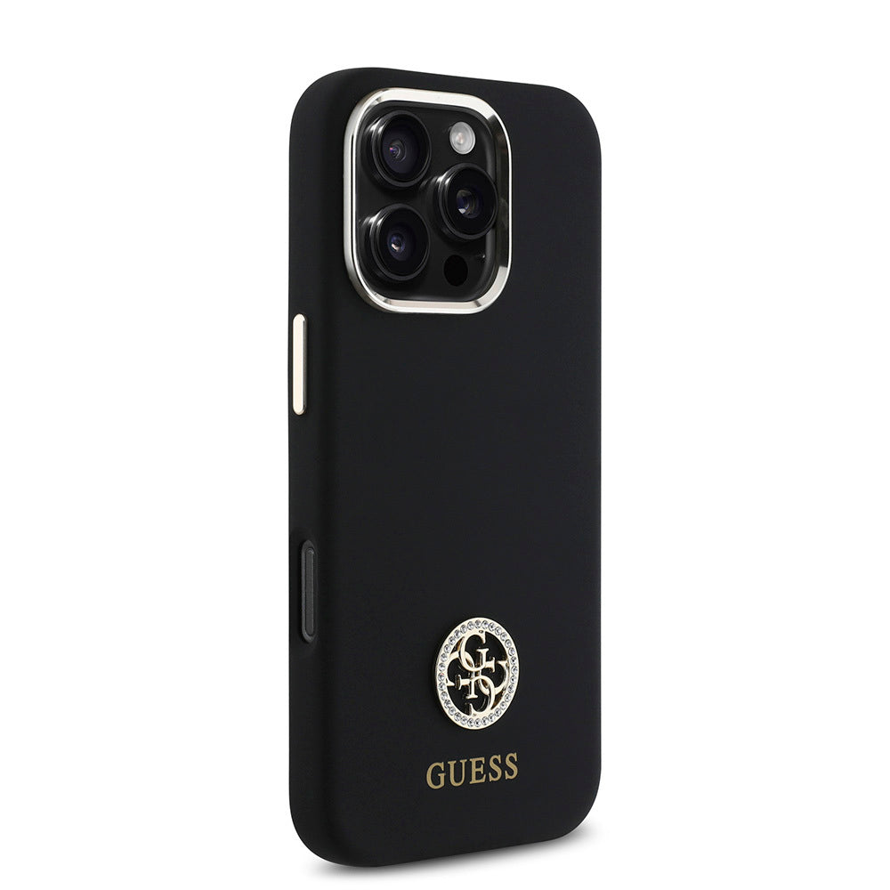 iPhone 16 Pro Kılıf Guess Orjinal Lisanslı Yazı ve Taşlı 4G Logolu Metal Kamera Çerçeveli Silikon Kapak