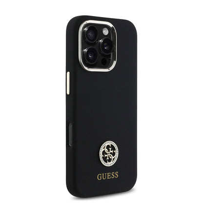 iPhone 16 Pro Kılıf Guess Orjinal Lisanslı Yazı ve Taşlı 4G Logolu Metal Kamera Çerçeveli Silikon Kapak