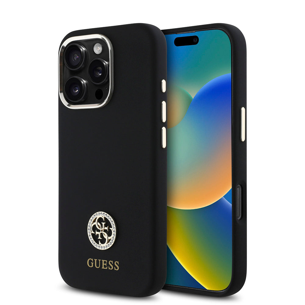 iPhone 16 Pro Kılıf Guess Orjinal Lisanslı Yazı ve Taşlı 4G Logolu Metal Kamera Çerçeveli Silikon Kapak