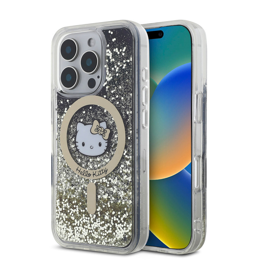 iPhone 16 Pro Kılıf Hello Kitty Orjinal Lisanslı M-safe Şarj Özellikli IML Baskı Kitty Head Logolu Sıvılı Simli Altın Ateşi Kapak