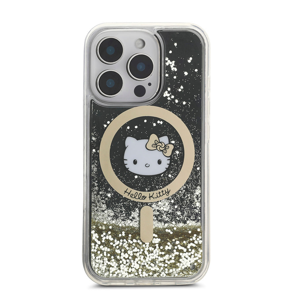 iPhone 16 Pro Kılıf Hello Kitty Orjinal Lisanslı M-safe Şarj Özellikli IML Baskı Kitty Head Logolu Sıvılı Simli Altın Ateşi Kapak