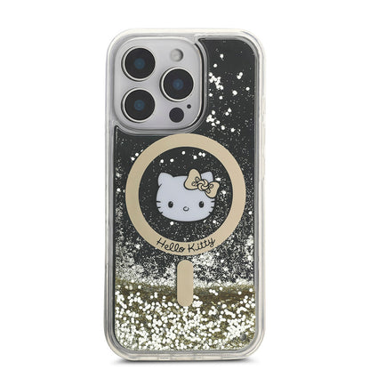 iPhone 16 Pro Kılıf Hello Kitty Orjinal Lisanslı M-safe Şarj Özellikli IML Baskı Kitty Head Logolu Sıvılı Simli Altın Ateşi Kapak