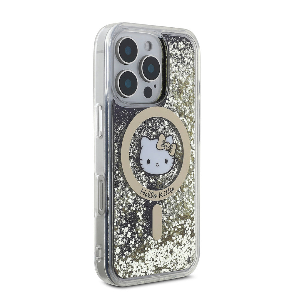 iPhone 16 Pro Kılıf Hello Kitty Orjinal Lisanslı M-safe Şarj Özellikli IML Baskı Kitty Head Logolu Sıvılı Simli Altın Ateşi Kapak
