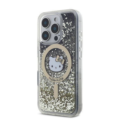 iPhone 16 Pro Kılıf Hello Kitty Orjinal Lisanslı M-safe Şarj Özellikli IML Baskı Kitty Head Logolu Sıvılı Simli Altın Ateşi Kapak