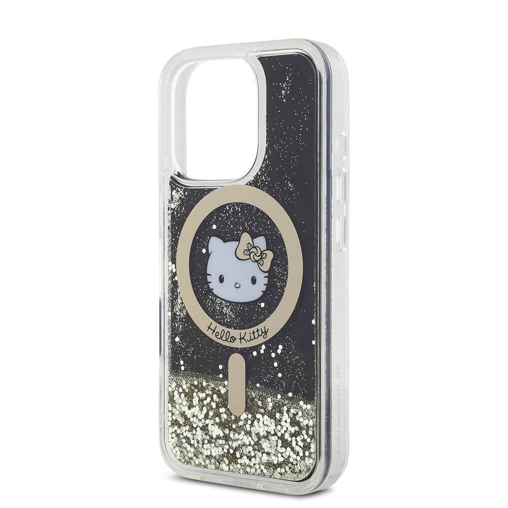 iPhone 16 Pro Kılıf Hello Kitty Orjinal Lisanslı M-safe Şarj Özellikli IML Baskı Kitty Head Logolu Sıvılı Simli Altın Ateşi Kapak