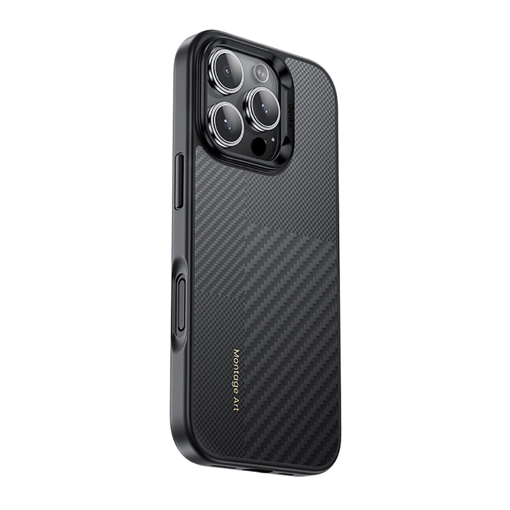 iPhone 16 Pro Kılıf Karbon Fiber M-safe Şarj Özellikli Kamera Kontrol Butonlu Benks Hybrid ArmorPro Montage Kevlar Kapak