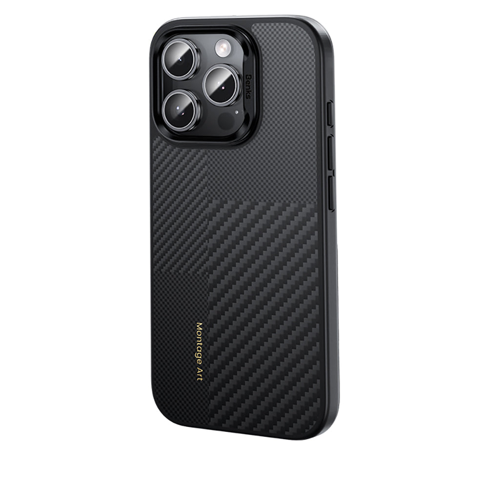 iPhone 16 Pro Kılıf Karbon Fiber M-safe Şarj Özellikli Kamera Kontrol Butonlu Benks Hybrid ArmorPro Montage Kevlar Kapak
