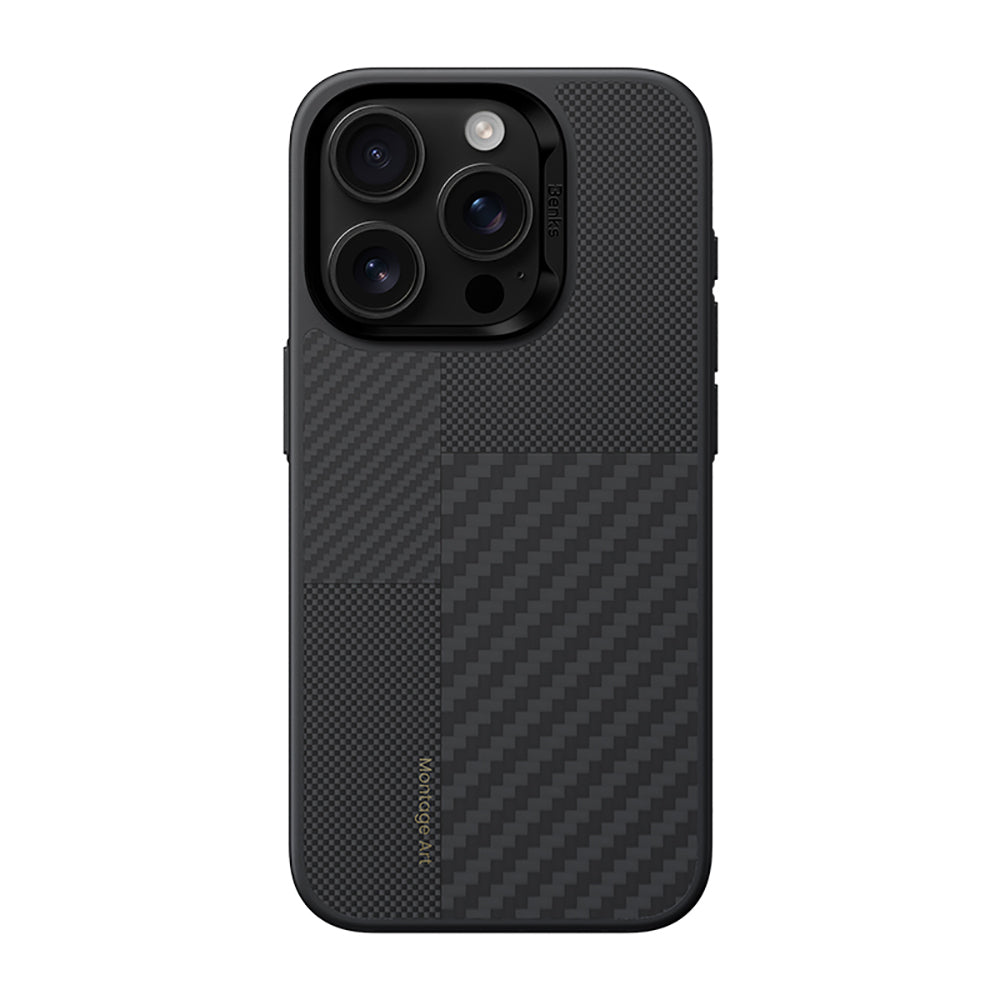 iPhone 16 Pro Kılıf Karbon Fiber M-safe Şarj Özellikli Kamera Kontrol Butonlu Benks Hybrid ArmorPro Montage Kevlar Kapak
