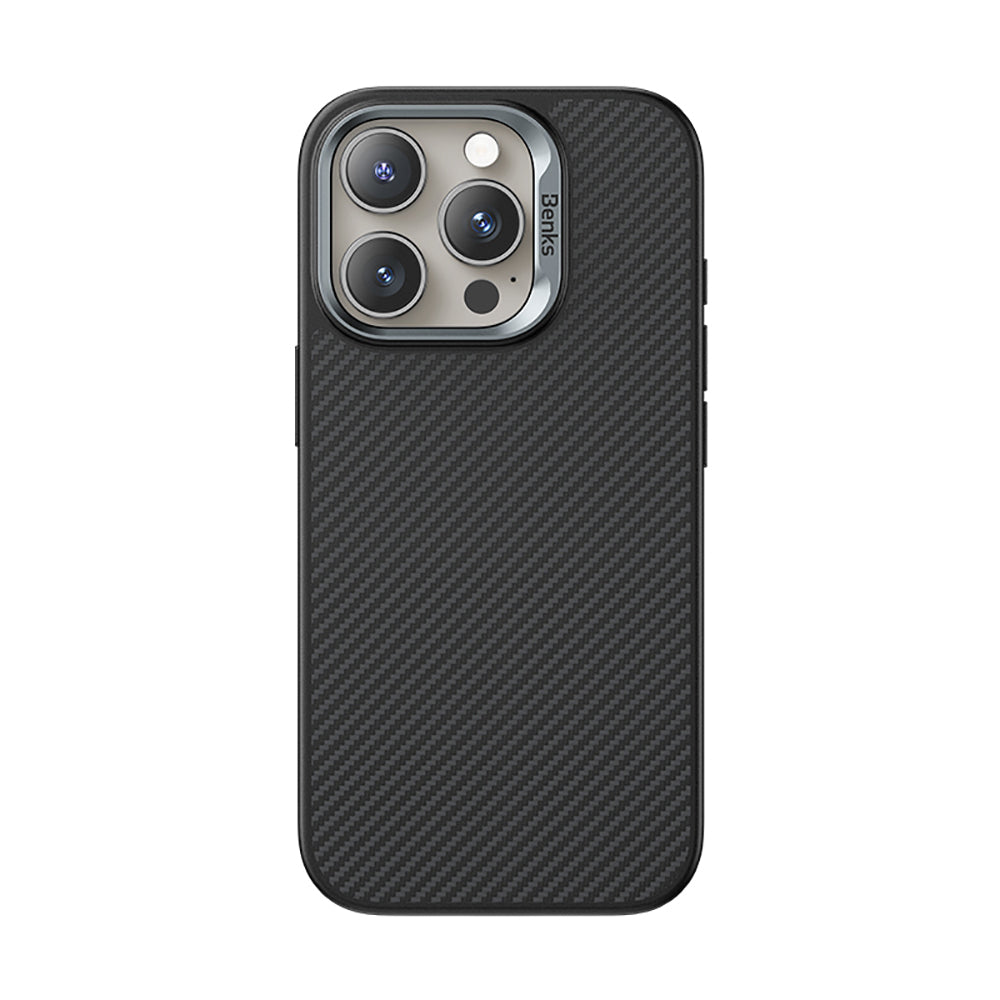iPhone 16 Pro Kılıf Karbon Fiber M-safe Şarj Özellikli Kamerra Kontrol Butonlu Benks Hybrid ArmorPro 600D Kevlar Kapak