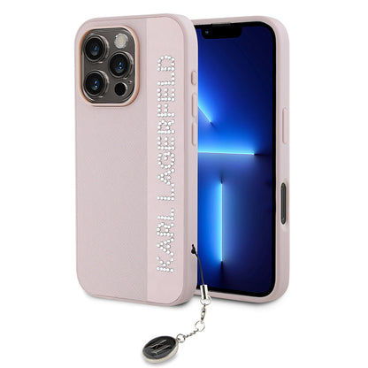 iPhone 16 Pro Kılıf Karl Lagerfeld Orjinal Lisanslı Anahtarlıklı Taşlı KL Yazılı Saffiano Rhinestones Kapak