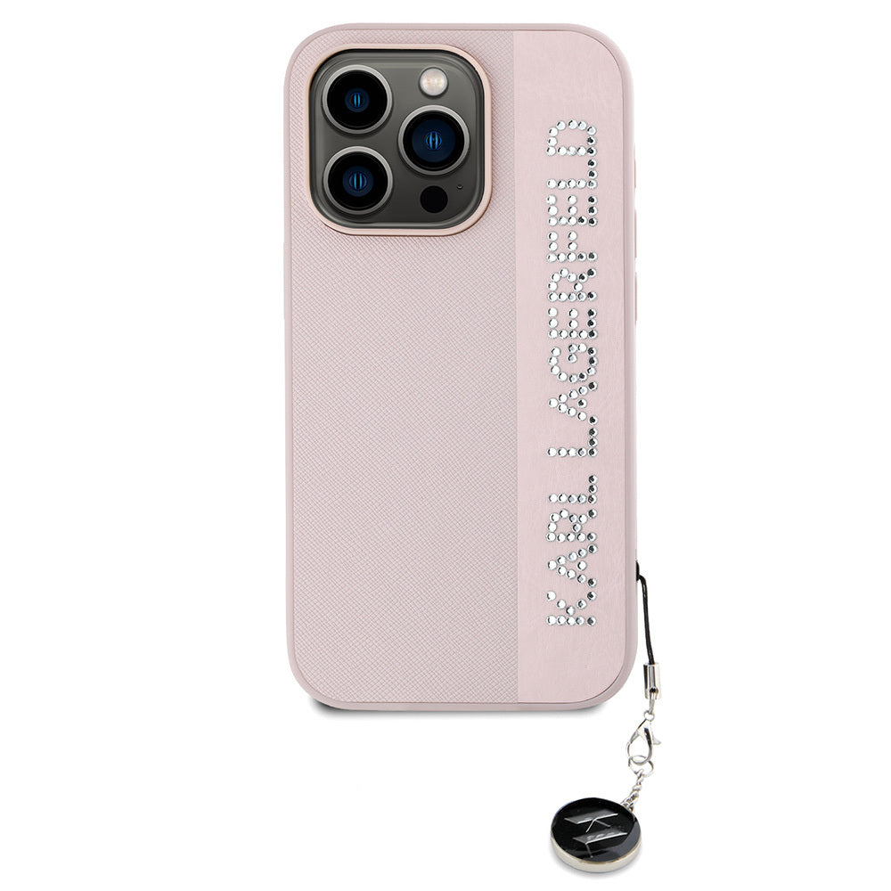 iPhone 16 Pro Kılıf Karl Lagerfeld Orjinal Lisanslı Anahtarlıklı Taşlı KL Yazılı Saffiano Rhinestones Kapak