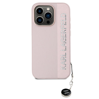 iPhone 16 Pro Kılıf Karl Lagerfeld Orjinal Lisanslı Anahtarlıklı Taşlı KL Yazılı Saffiano Rhinestones Kapak